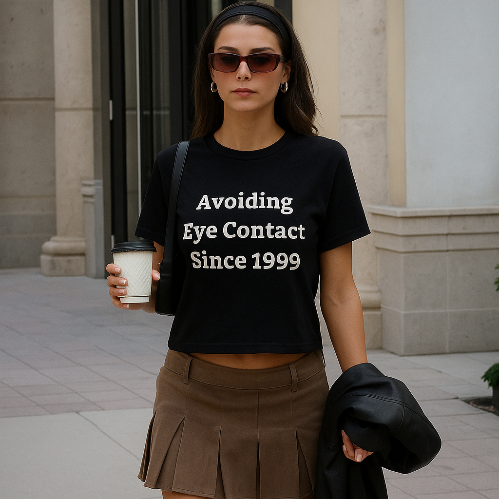 Woman wearing a black t-shirt with text, holding a coffee cup and a jacket, standing on a sidewalk.